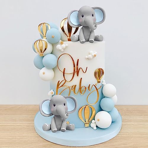 DRWATE Elephant Cake Decoration with Mini Elephant Blue White Pearl Balls Hot Air Balloon for Elephant Theme Birthday Supplies BLUE - Image 1