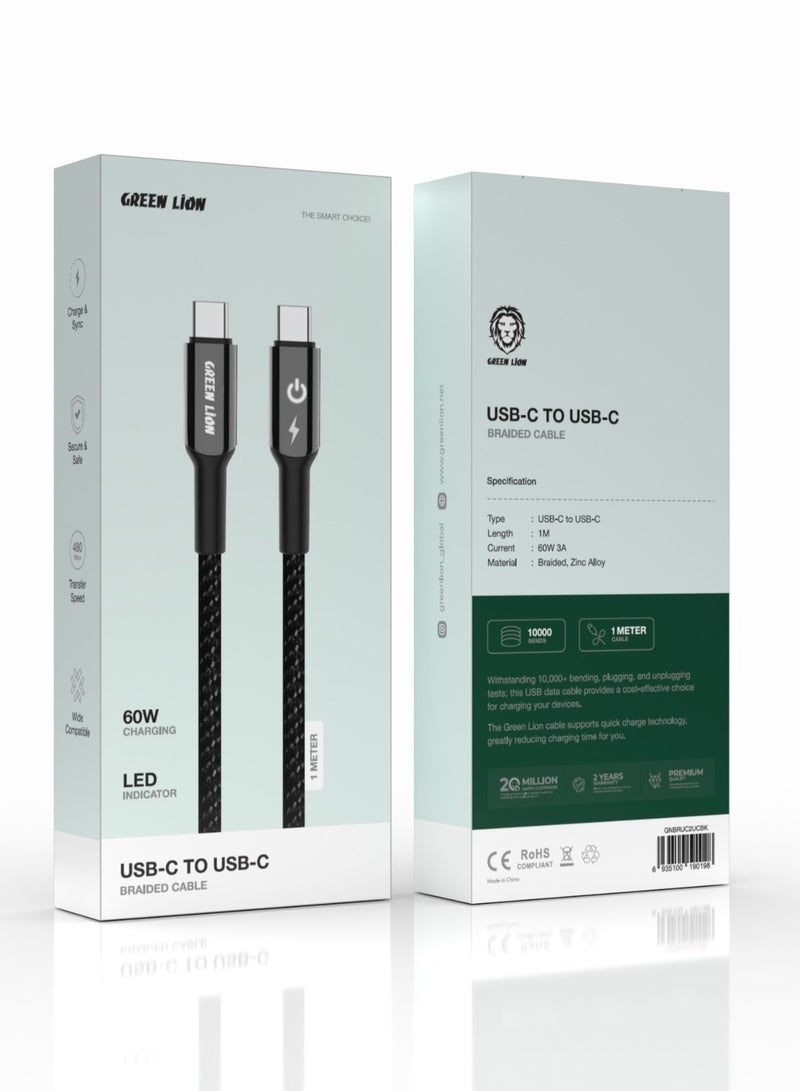 GREEN LION USB-C to USB-C Braided Cable / LED Indicator / Charge & Sync / High Transfer Speed / Wide Compatible / Secure and Safe / 1 Meter Length / 1000 Bends - Black - Image 2