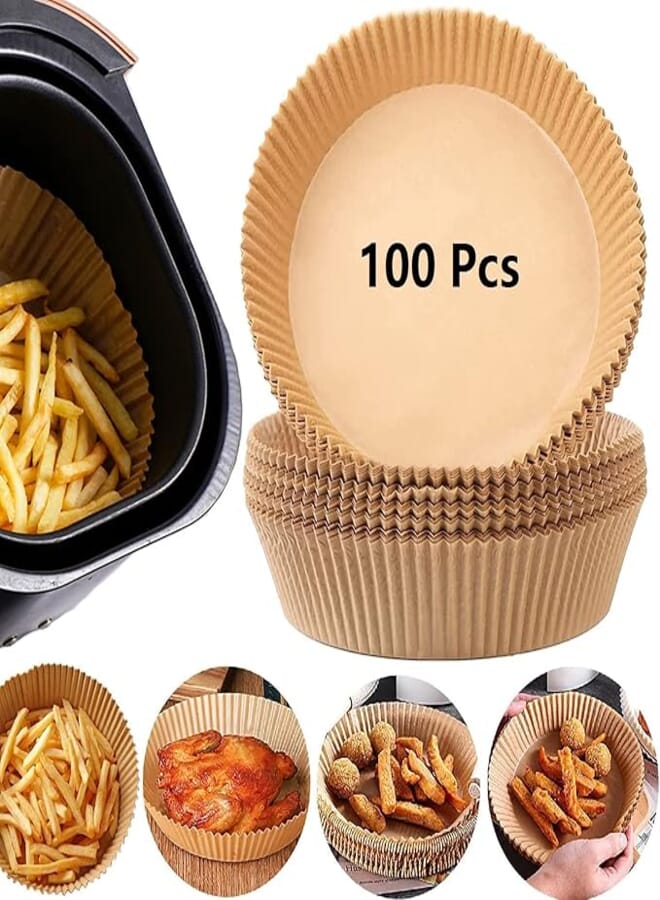 Spaceshoop Air Fryer Paper Liners, 100 PCS Round Air Fryer Disposable Liners，Non-Stick, Oil-Proof, Waterproof, for Baking, Frying, Grilling, Food Grade Liner for Air Fryers, Microwaves (16CM)