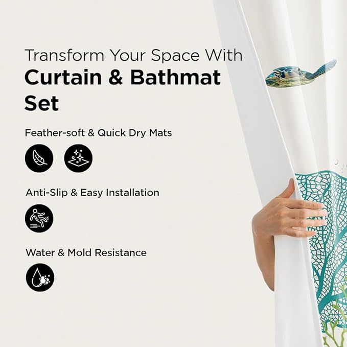 Kuber Industries Kuber Industries Shower Curtain & Bathmat Set | Non-Slip Bath mats for Bathroom | Easy-Slide Curtains | Polyester Curtain or Bathmat for Bath Décor | YF330-3T | 3 Pcs Set | Multicolor  - Image 2