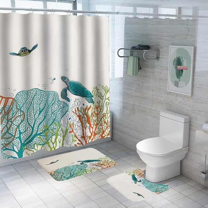 Kuber Industries Kuber Industries Shower Curtain & Bathmat Set | Non-Slip Bath mats for Bathroom | Easy-Slide Curtains | Polyester Curtain or Bathmat for Bath Décor | YF330-3T | 3 Pcs Set | Multicolor  - Image 1