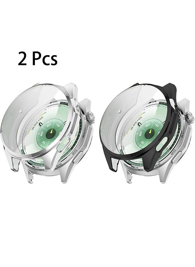 2 Pcs Case with Tempered Glass Screen Protector Compatible with Huawei Watch GT 6 41mm, Bumper Full Coverage Protective Hard PC Cases Face Cover for Huawei Watch GT 6 41mm (Silver & Black) - Image 1