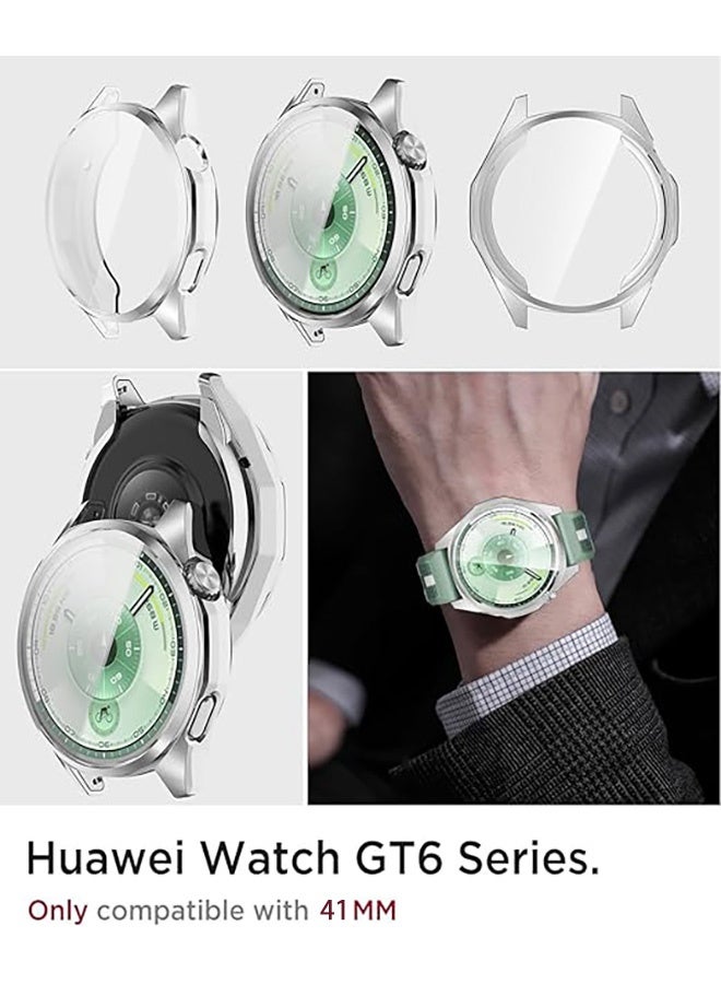 2 Pcs Case with Tempered Glass Screen Protector Compatible with Huawei Watch GT 6 41mm, Bumper Full Coverage Protective Hard PC Cases Face Cover for Huawei Watch GT 6 41mm (Silver & Black) - Image 2