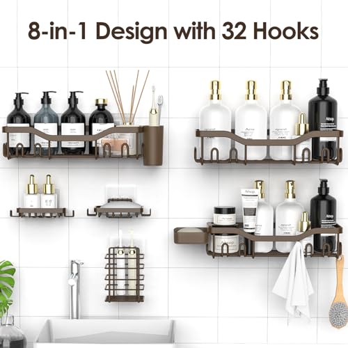 NESOMI Shower Caddy Adhesive Shower Organizer 8-Pack, Rustproof Stainless Steel Bathroom Shelves, Large Capacity No-Drill Rack Storage Accessories with Soap Dish Toothbrush Holder Hooks - Image 4