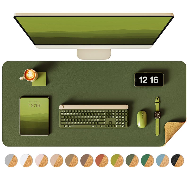 YSAGi Double-Sided Desk Pad, 31.5"x15.7"Leather Desk Mat, Eco Cork Desk Pad Protector,Large Mouse Pad,Waterproof Desk Blotter for Office/Home(Olive Green) - Image 1