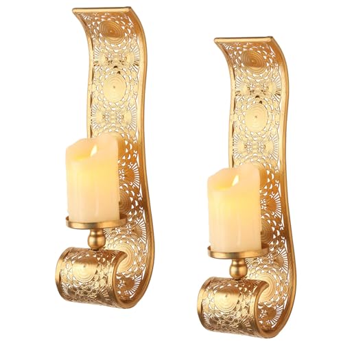 Capesaro Wall Candle Sconce Set of 2,Gold Metal Wall Mount Candle Holder，Spanish Baroque Hollow Carving Wall-Mounting Sconces for Living Room, Bathroom, Dining Areas,Hallways Decorations - Image 1