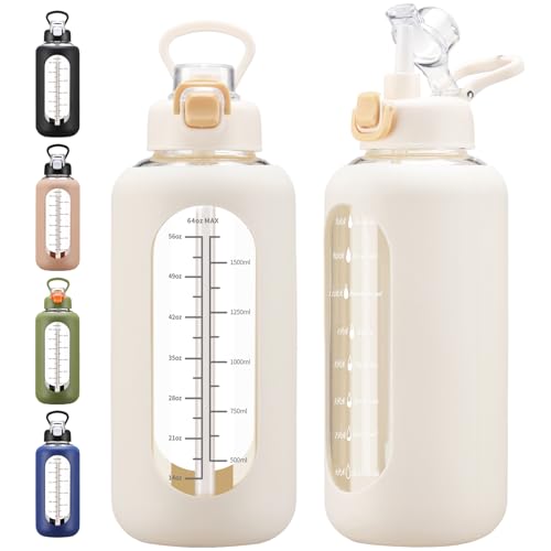 chunmo 64 oz Glass Water Bolttles with Straw Half Gallon Large Motivational Water Bottle with Time Marker Sports Water Bottles with Silicone Sleeve and Handle Lid Water Jug for Gym Workout - Image 1