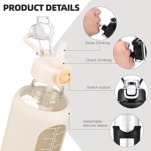 chunmo 64 oz Glass Water Bolttles with Straw Half Gallon Large Motivational Water Bottle with Time Marker Sports Water Bottles with Silicone Sleeve and Handle Lid Water Jug for Gym Workout - Image 2