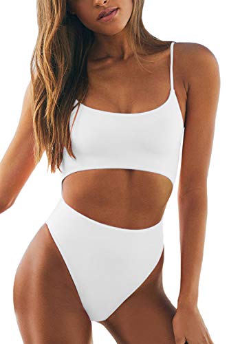 Meyeeka Strappy Underbust One Piece for Women Bandage Lace Up High Waist Active Swimsuit White L - Image 1