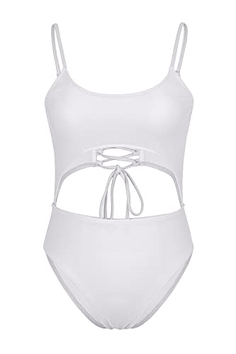 Meyeeka Strappy Underbust One Piece for Women Bandage Lace Up High Waist Active Swimsuit White L - Image 4