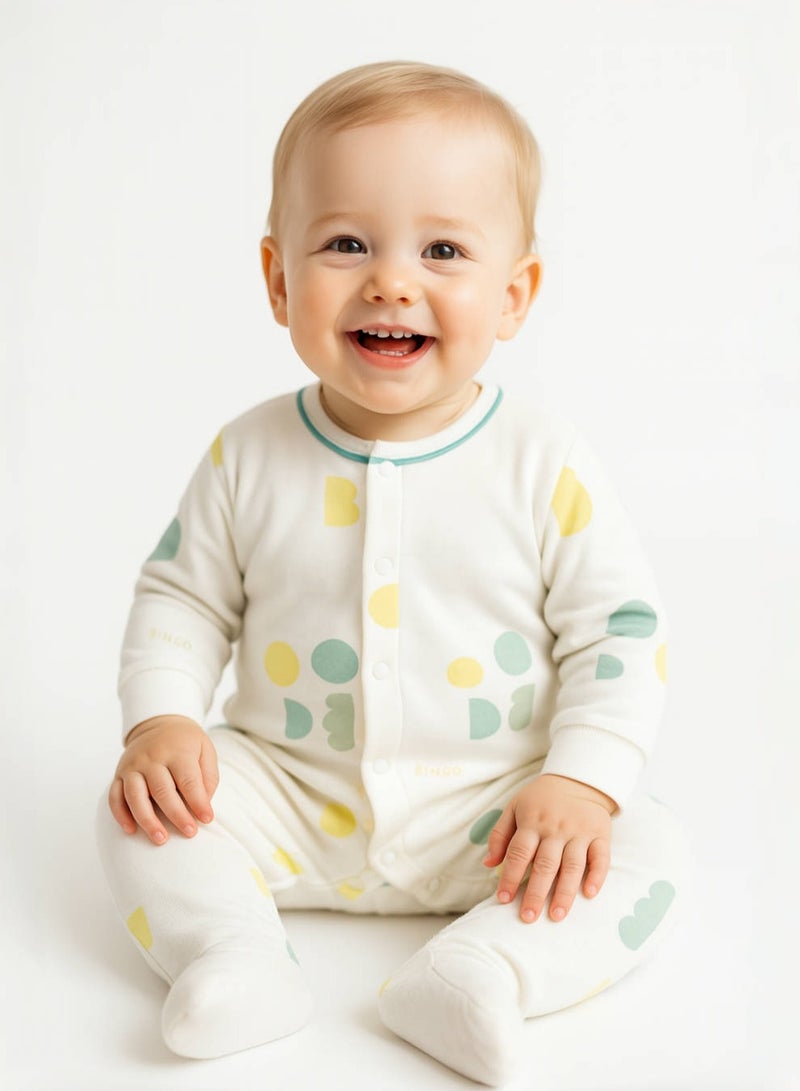 Baby Romper - Cotton Blend Long Sleeve Bodysuit with Full Front Snap, Geometric Prints - For 3-18 Months  - Image 1
