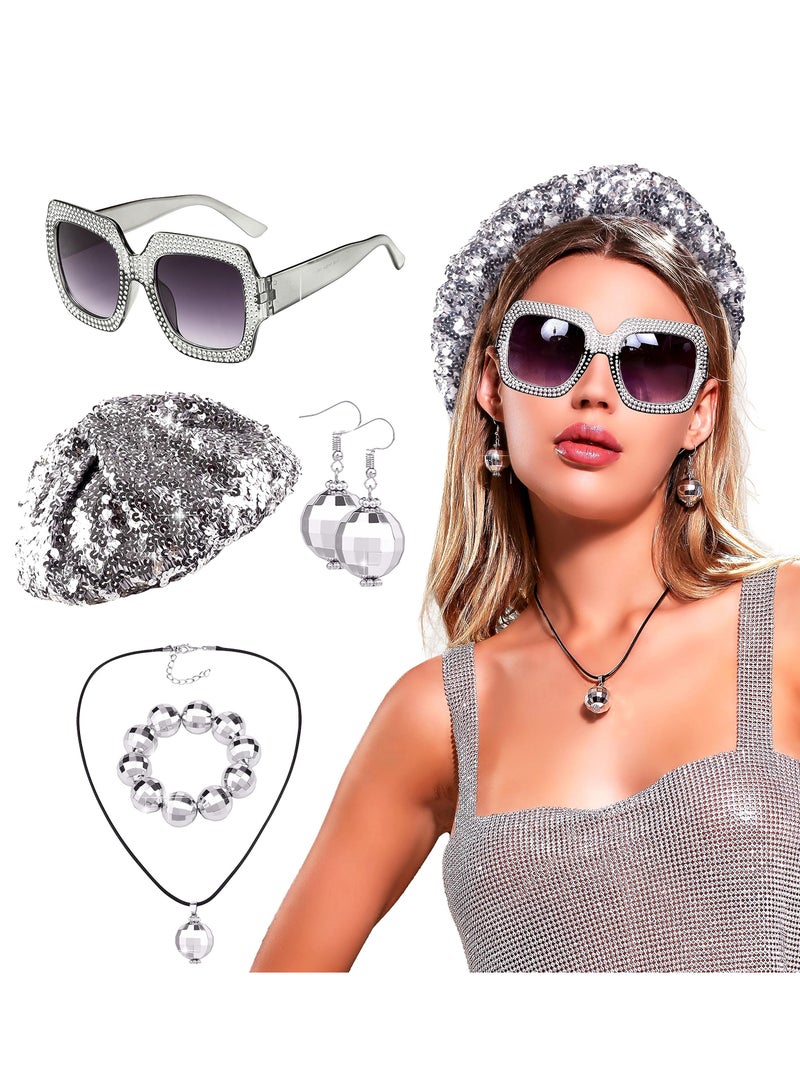 Excefore 70s Disco Set, Rimless Diamond Cutting Sunglasses. Disco Ball Hat, 1970s Vintage Disco Ball Earrings, Bracelets Choker Necklace Disco Dangle Sequin for Women (Sliver) - Image 1