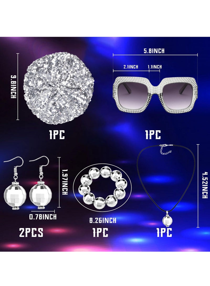 Excefore 70s Disco Set, Rimless Diamond Cutting Sunglasses. Disco Ball Hat, 1970s Vintage Disco Ball Earrings, Bracelets Choker Necklace Disco Dangle Sequin for Women (Sliver)  - Image 2