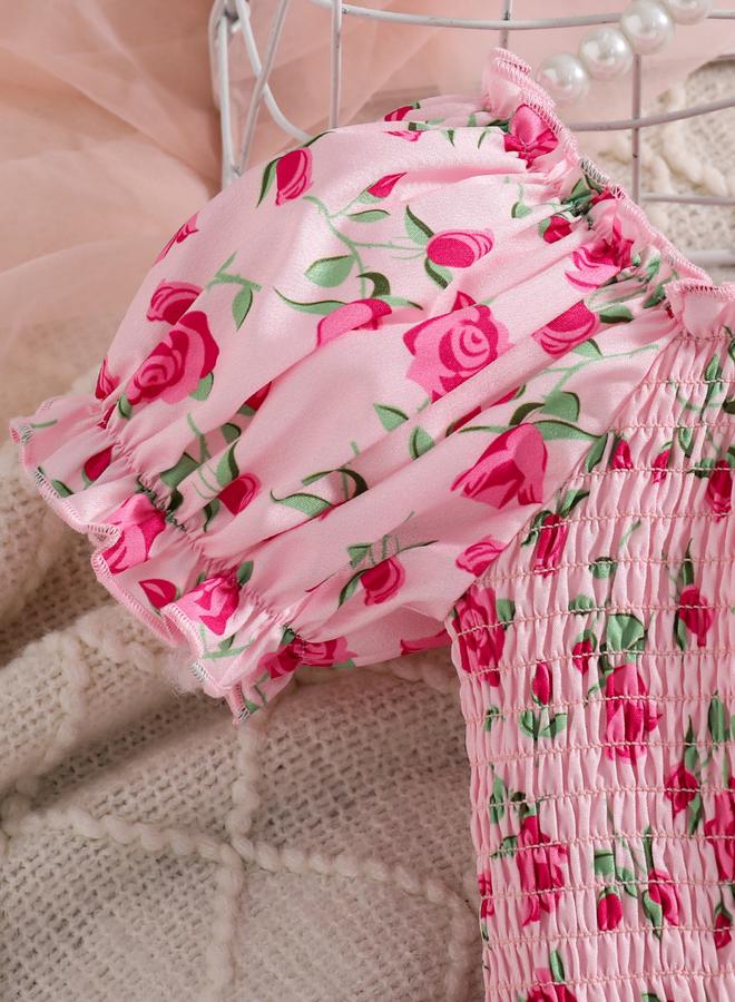 Take Two Girls Pink Floral Print Puff Sleeve Dress - Image 3