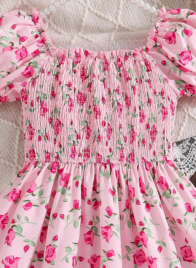 Take Two Girls Pink Floral Print Puff Sleeve Dress - Image 5
