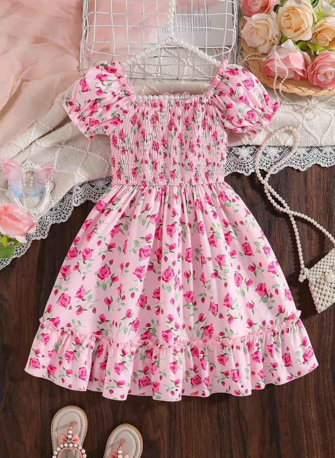 Take Two Girls Pink Floral Print Puff Sleeve Dress - Image 1