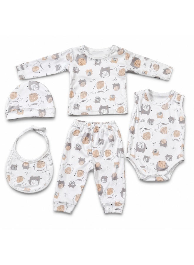 100% Cotton 5-Piece Baby Clothing Set with Elephant Print – White - Image 3