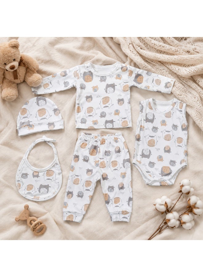 100% Cotton 5-Piece Baby Clothing Set with Elephant Print – White - Image 2