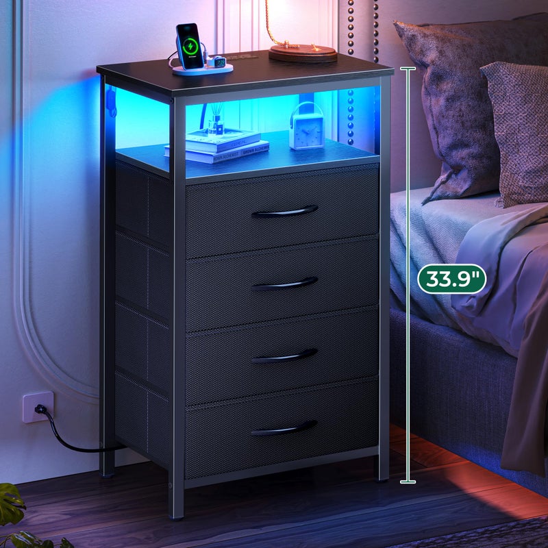 Huuger Night Stand with Charger Station and LED Lights, 4 Drawer Nightstand, Bed Side Table with Open Shelf, End Table, Fabric Dresser for Bedroom, Black - Image 2