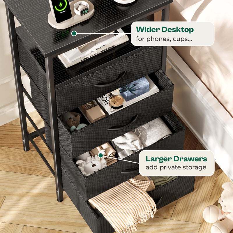 Huuger Night Stand with Charger Station and LED Lights, 4 Drawer Nightstand, Bed Side Table with Open Shelf, End Table, Fabric Dresser for Bedroom, Black - Image 5