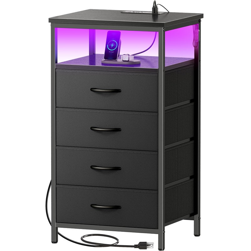 Huuger Night Stand with Charger Station and LED Lights, 4 Drawer Nightstand, Bed Side Table with Open Shelf, End Table, Fabric Dresser for Bedroom, Black - Image 1