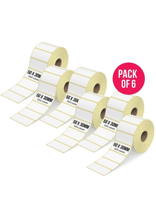 [6 Rolls, 6000 Labels]  6000 Direct Thermal Barcode Label Sticker, 5cmx3cm Sticky Labels, 50mmX30mm, Pack of 6, Total 6000 Labels 