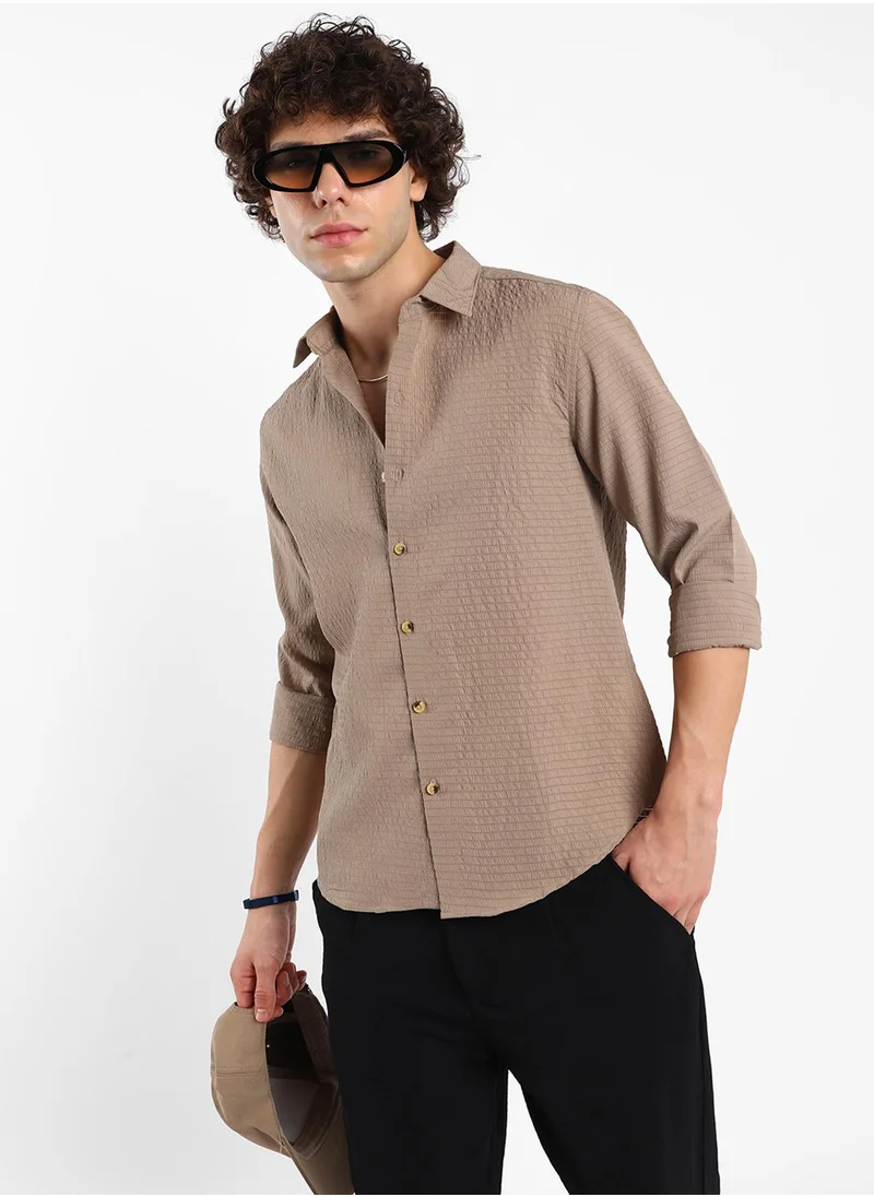 Campus Sutra Men's Buff Beige Ruche-Textured Shirt