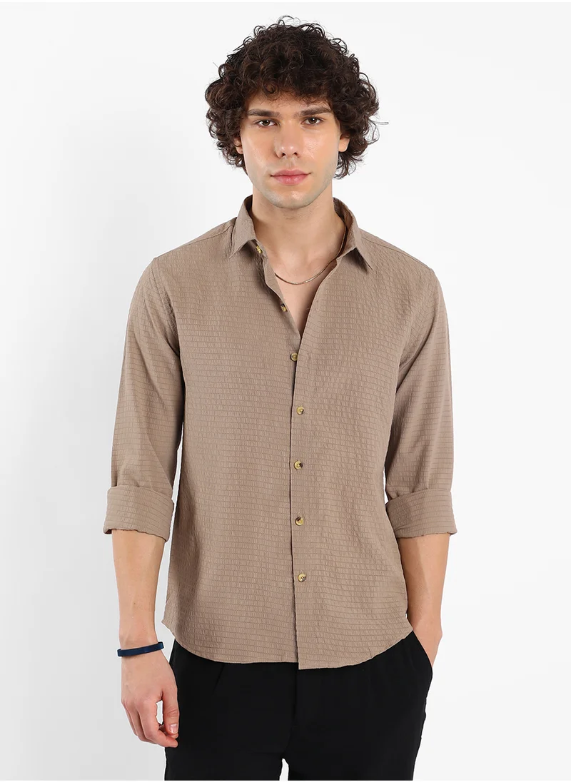 Campus Sutra Men's Buff Beige Ruche-Textured Shirt