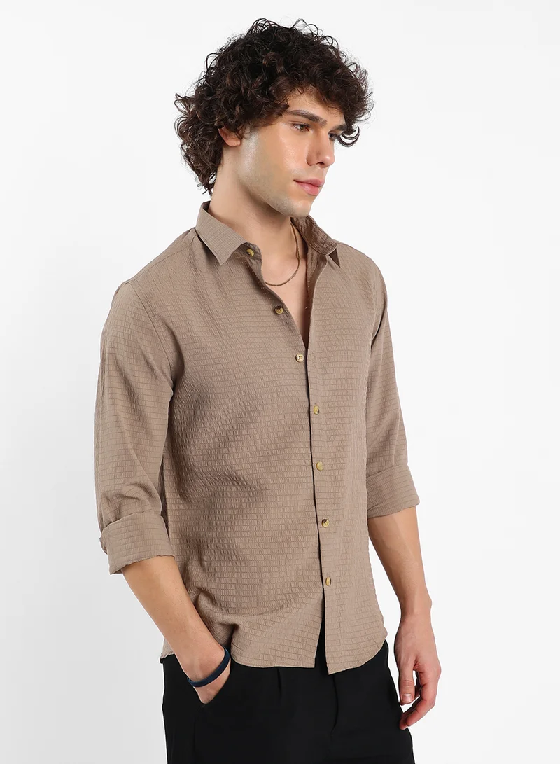 Campus Sutra Men's Buff Beige Ruche-Textured Shirt