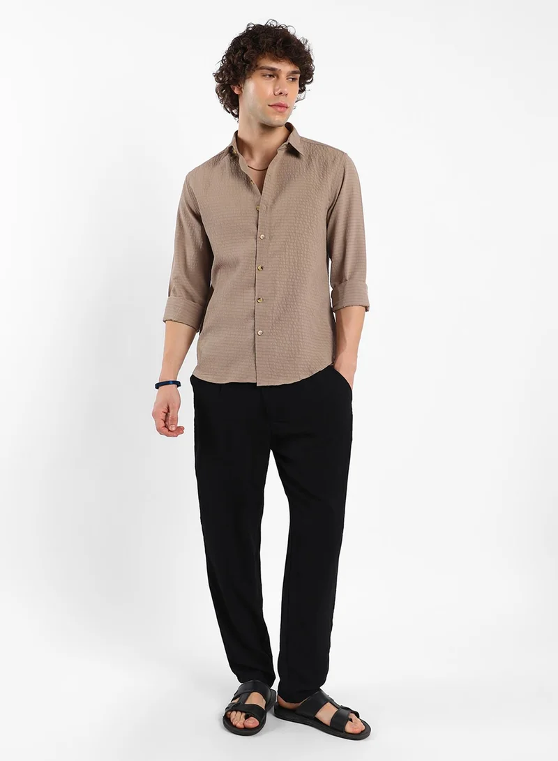 Campus Sutra Men's Buff Beige Ruche-Textured Shirt