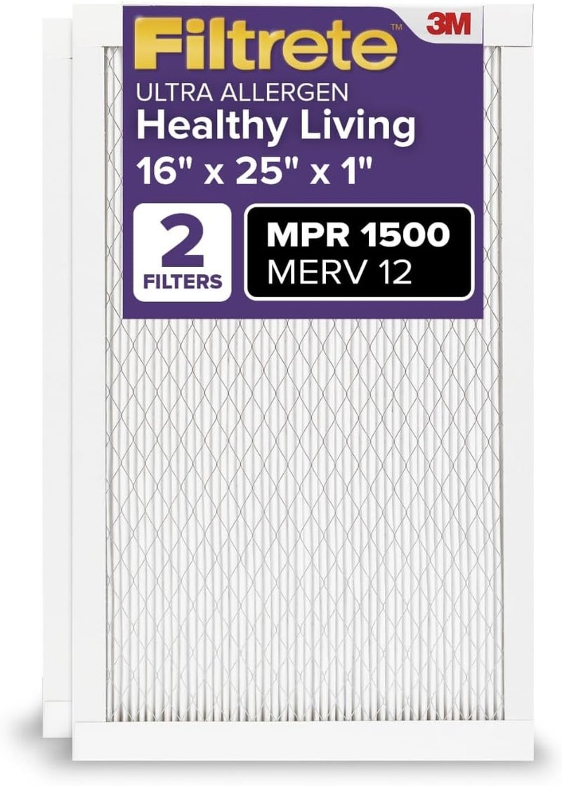 FILTRETE 16x25x1 AC Furnace Air Filter, MERV 12, MPR 1500, CERTIFIED asthma & allergy friendly, 3 Month Pleated 1-Inch Electrostatic Air Cleaning Filter, 2-Pack (Actual Size 15.69 x 24.69 x 0.78 in) - Image 1