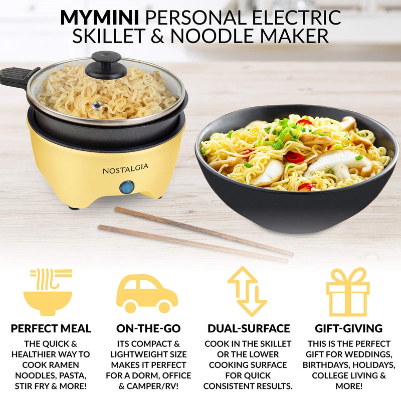 Nostalgia MyMini Personal Electric Skillet & Rapid Noodle Maker, Perfect For Healthy Keto & Low-Carb Diets, Yellow - Image 2