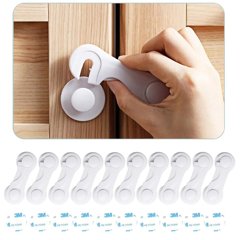 Child Safety Cabinet Locks 10 Pack  Baby Proofing Latches Lock for Drawers Toilet Seat Fridge Oven with 10 Extra 3M Adhesives  White