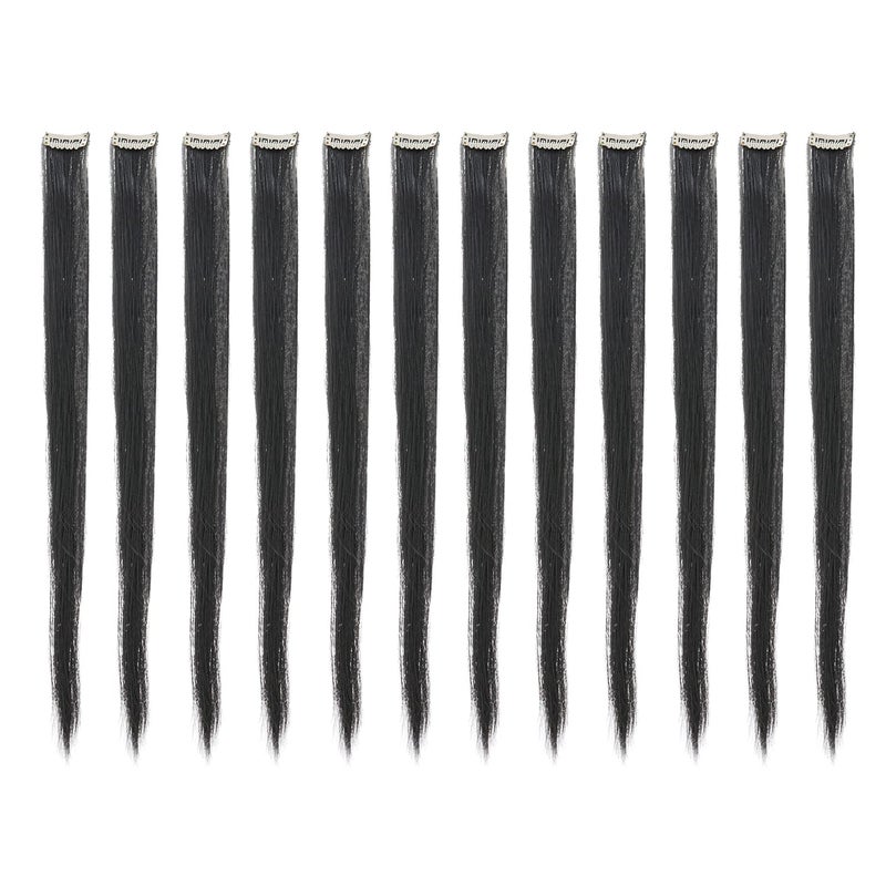 SWACC 12 Pcs Straight One Color Party Highlights Clip on in Hair Extensions Colored Hair Streak Synthetic Hairpieces Black1B