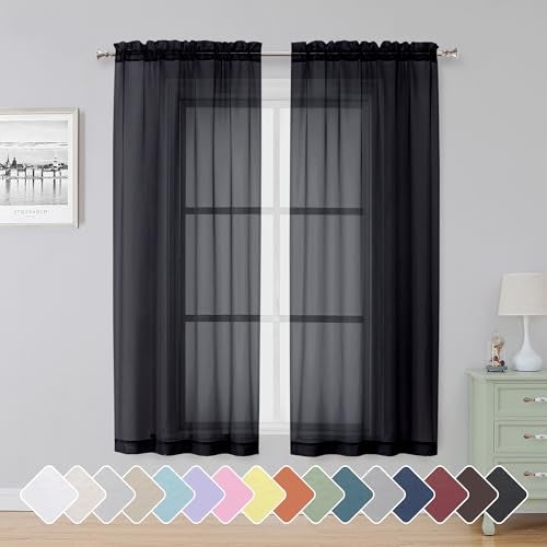 Simplebrand Black Sheer Curtains 63 Inch Length 2 Panels, Rod Pocket Solid Color Window Sheer Curtain Panels, Elegant Curtains & Drapes for Living Room, Bedroom 2 Panels (Black, 42" W x 63" L) - Image 1