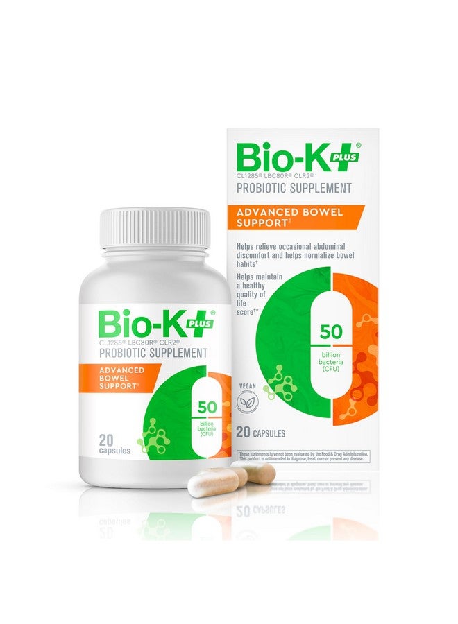 Bio-K Plus Bio K+ Advanced Bowel Support - Vegan Probiotic Supplement for Digestion Support, Relieves Occasional Discomfort, Helps Normalize Bowel Habits with 50 Billion CFU 3 Strains - 20 Capsules - Image 1