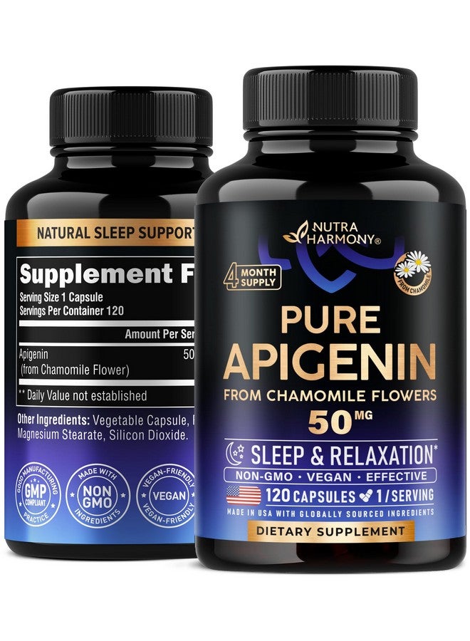 NUTRAHARMONY Apigenin 50 mg - Apigenin Supplement for Sleep - Natural from Chamomile Flowers - Quality Rest, Calm & Relaxation - for Women & Men - Vegan, NON-GMO, Lab Tested - Made in USA - 120 Capsules, 1/Day  - Image 1