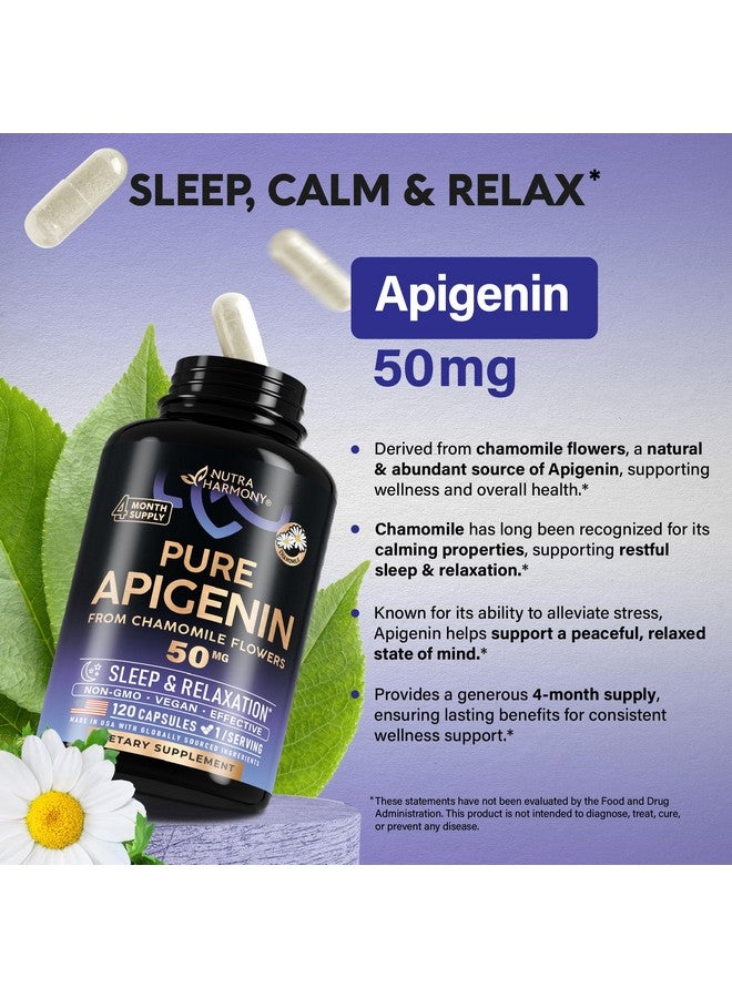 NUTRAHARMONY Apigenin 50 mg - Apigenin Supplement for Sleep - Natural from Chamomile Flowers - Quality Rest, Calm & Relaxation - for Women & Men - Vegan, NON-GMO, Lab Tested - Made in USA - 120 Capsules, 1/Day  - Image 3