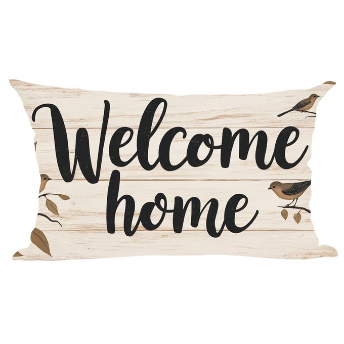 BLACK WORD ART WELCOME HOME FAMILY BIRD RETRO BROWN WOOD BACKGROUND FALL DECORATIVE LUMBAR THROW PILLOW COVER CASE HOME LIVING ROOM BED SOFA CAR COTTON LINEN RECTANGULAR 12 X 20 INCHES