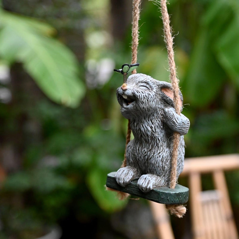OwMell Garden Rabbit Statues, Cute Swing Bunny with Butterfly Statue Decoration for Yard Hanging Outdoor, Tree Ornaments Figurine for Stump Branch Lawn Patio Decor - Image 4