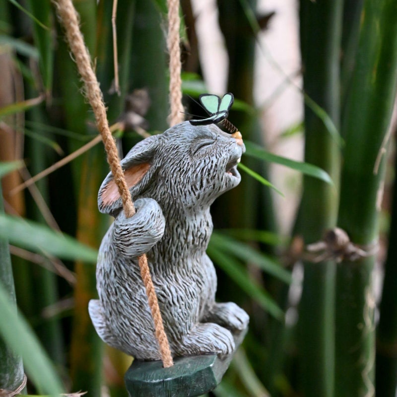 OwMell Garden Rabbit Statues, Cute Swing Bunny with Butterfly Statue Decoration for Yard Hanging Outdoor, Tree Ornaments Figurine for Stump Branch Lawn Patio Decor - Image 3