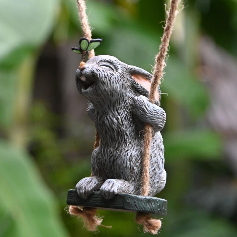 OwMell Garden Rabbit Statues, Cute Swing Bunny with Butterfly Statue Decoration for Yard Hanging Outdoor, Tree Ornaments Figurine for Stump Branch Lawn Patio Decor - Image 1
