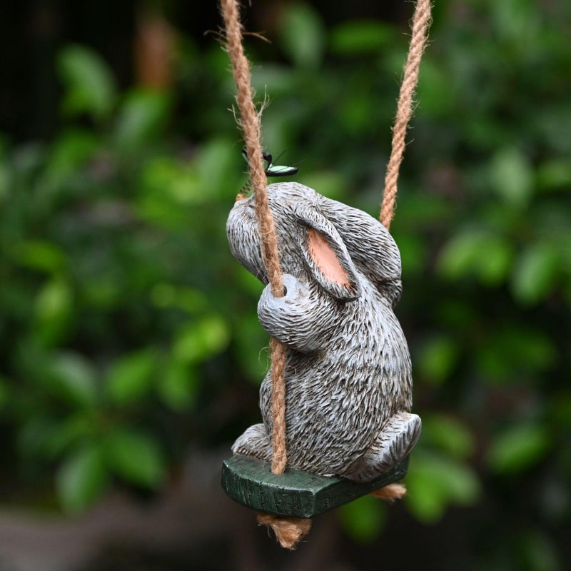 OwMell Garden Rabbit Statues, Cute Swing Bunny with Butterfly Statue Decoration for Yard Hanging Outdoor, Tree Ornaments Figurine for Stump Branch Lawn Patio Decor - Image 5