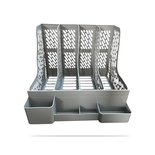DaKos Plastic 4 Compartments File Rack Paper Holder, Desktop Organizers, Letter Organizer with Pen Holder, Magazine Book Holders Organizer (Grey) - Image 2