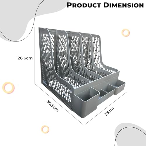 DaKos Plastic 4 Compartments File Rack Paper Holder, Desktop Organizers, Letter Organizer with Pen Holder, Magazine Book Holders Organizer (Grey) - Image 4