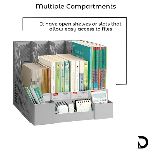 DaKos Plastic 4 Compartments File Rack Paper Holder, Desktop Organizers, Letter Organizer with Pen Holder, Magazine Book Holders Organizer (Grey) - Image 5