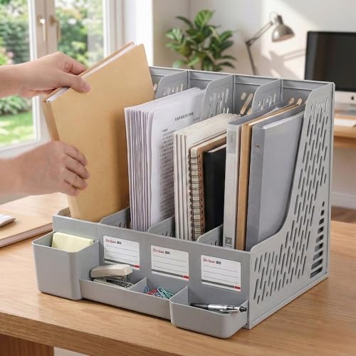 DaKos Plastic 4 Compartments File Rack Paper Holder, Desktop Organizers, Letter Organizer with Pen Holder, Magazine Book Holders Organizer (Grey) - Image 1