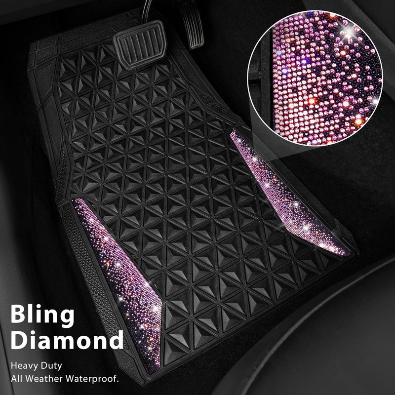 CAR PASS Bling Rubber Car Mats Diamond Floor Mats Full Set Anti-Slip 3D Rhombus Waterproof Universal Trim to Fit Liner Glitter Crystal Sparkly Shining Rhinestone Girl Women SUV Sedan Van, Black Pink - Image 2