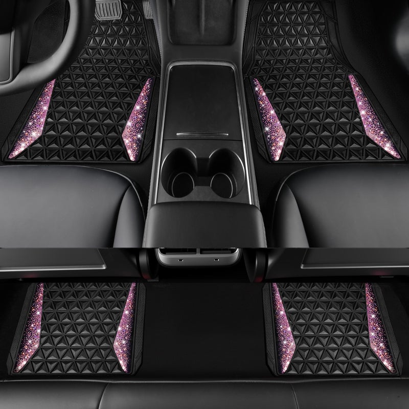 CAR PASS Bling Rubber Car Mats Diamond Floor Mats Full Set Anti-Slip 3D Rhombus Waterproof Universal Trim to Fit Liner Glitter Crystal Sparkly Shining Rhinestone Girl Women SUV Sedan Van, Black Pink - Image 5