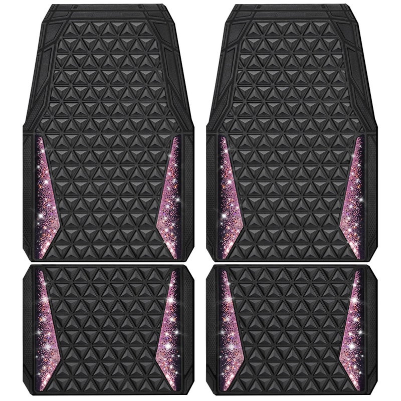 CAR PASS Bling Rubber Car Mats Diamond Floor Mats Full Set Anti-Slip 3D Rhombus Waterproof Universal Trim to Fit Liner Glitter Crystal Sparkly Shining Rhinestone Girl Women SUV Sedan Van, Black Pink - Image 1